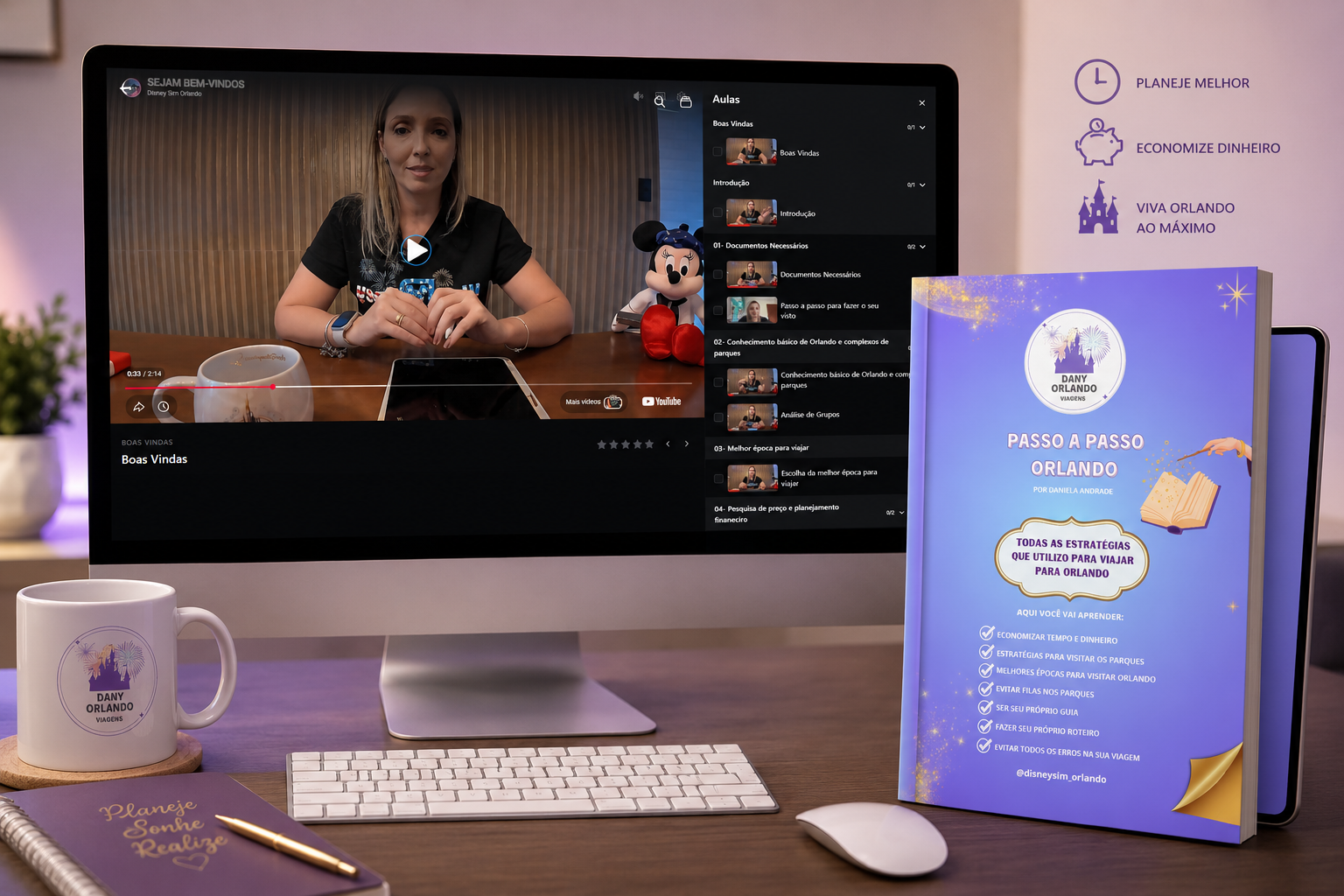 Mockup do curso Passo a Passo Orlando: aulas em vídeo e e-book com estratégias para viajar
